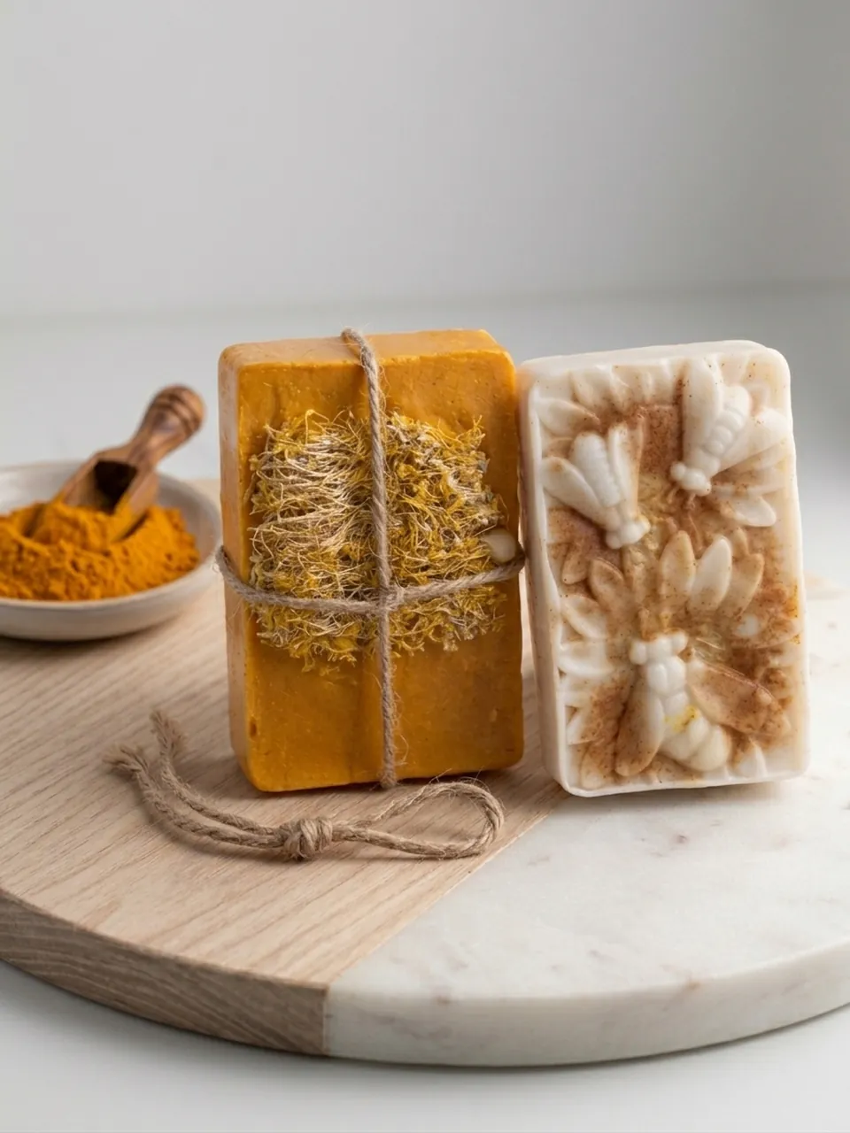 Golden turmeric-colored soap and a floral molded bar, tied with natural twine